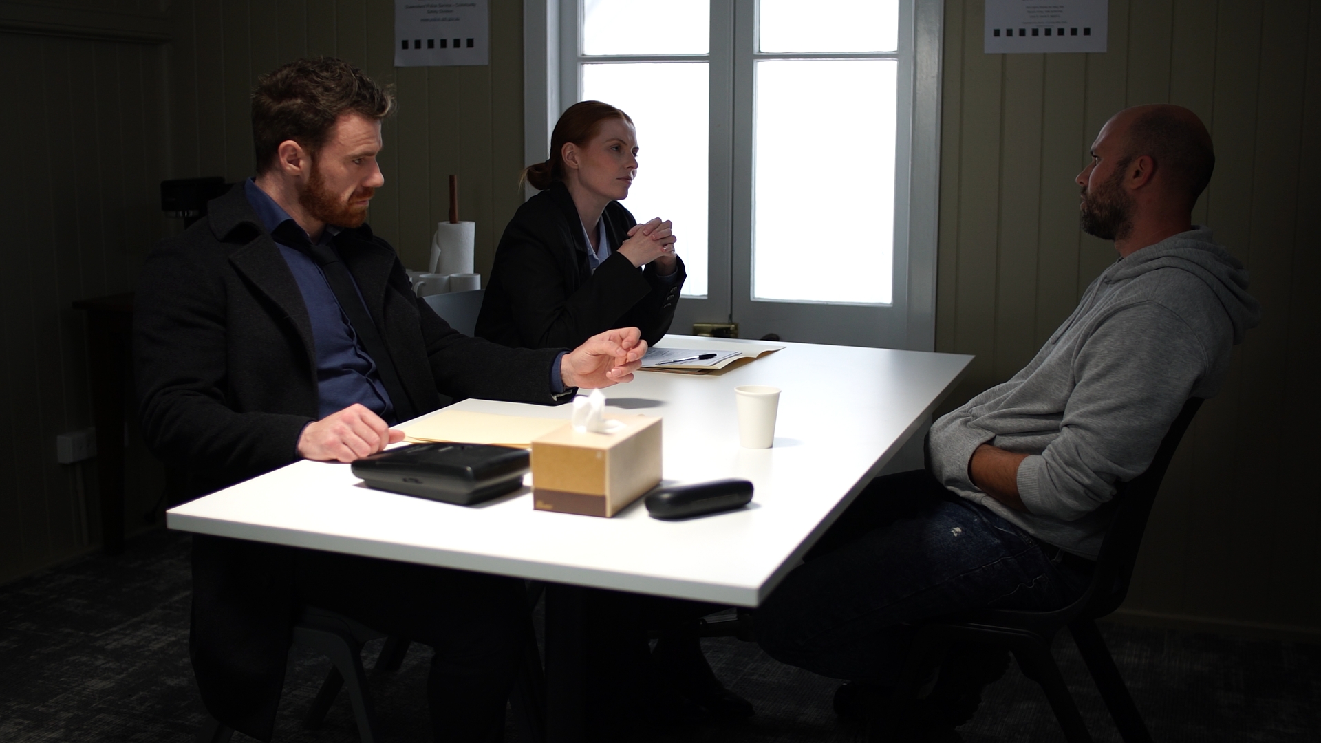 Three-shot interrogation scene